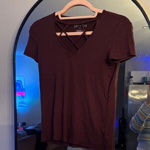 American Eagle Outfitters Burgundy Crisscross Tee